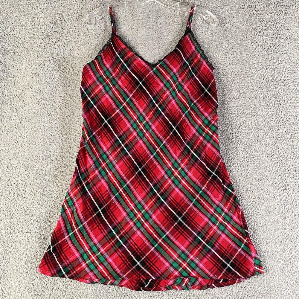 Victorias Secret Cami Slip Dress Women Large Red Plaid Flannel Lace Baddie Y2K